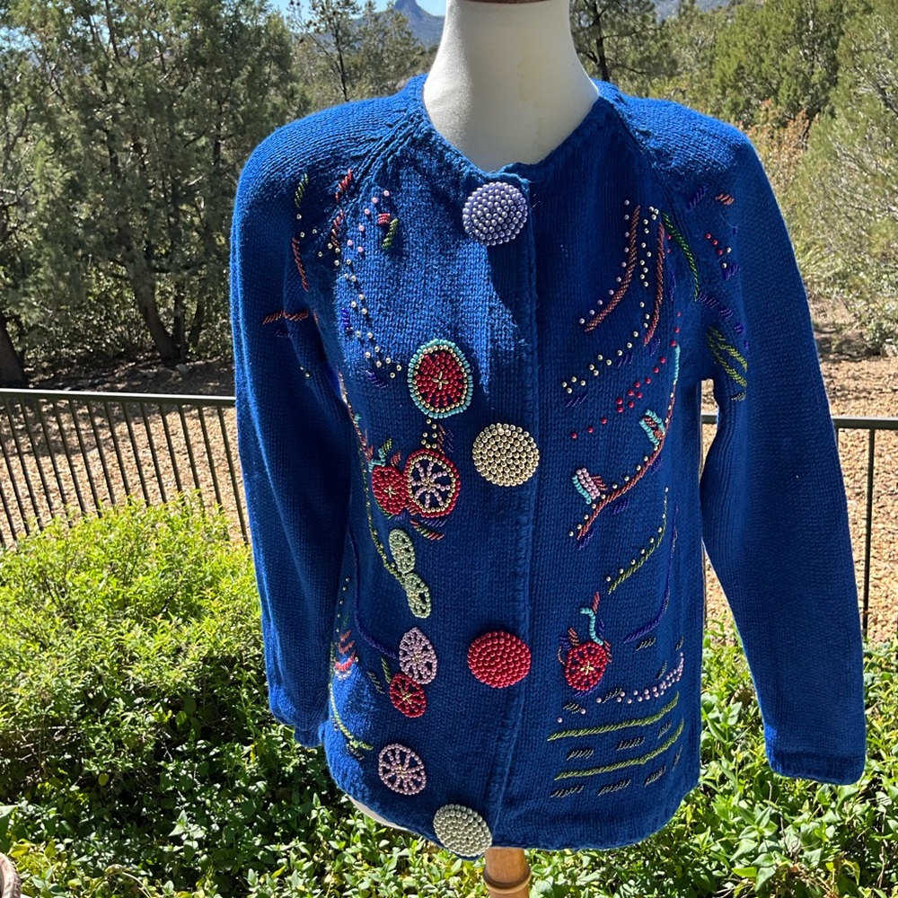 Victoria Harbour Embellished Novelty Sweater Vintage Beaded Ramie Cotton Blend